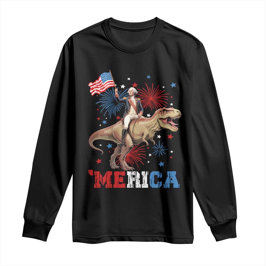 Funny George Washington Riding a Tyrannosaurus Rex 'Merica Long Sleeve Shirt American Flag - Wonder Print Shop