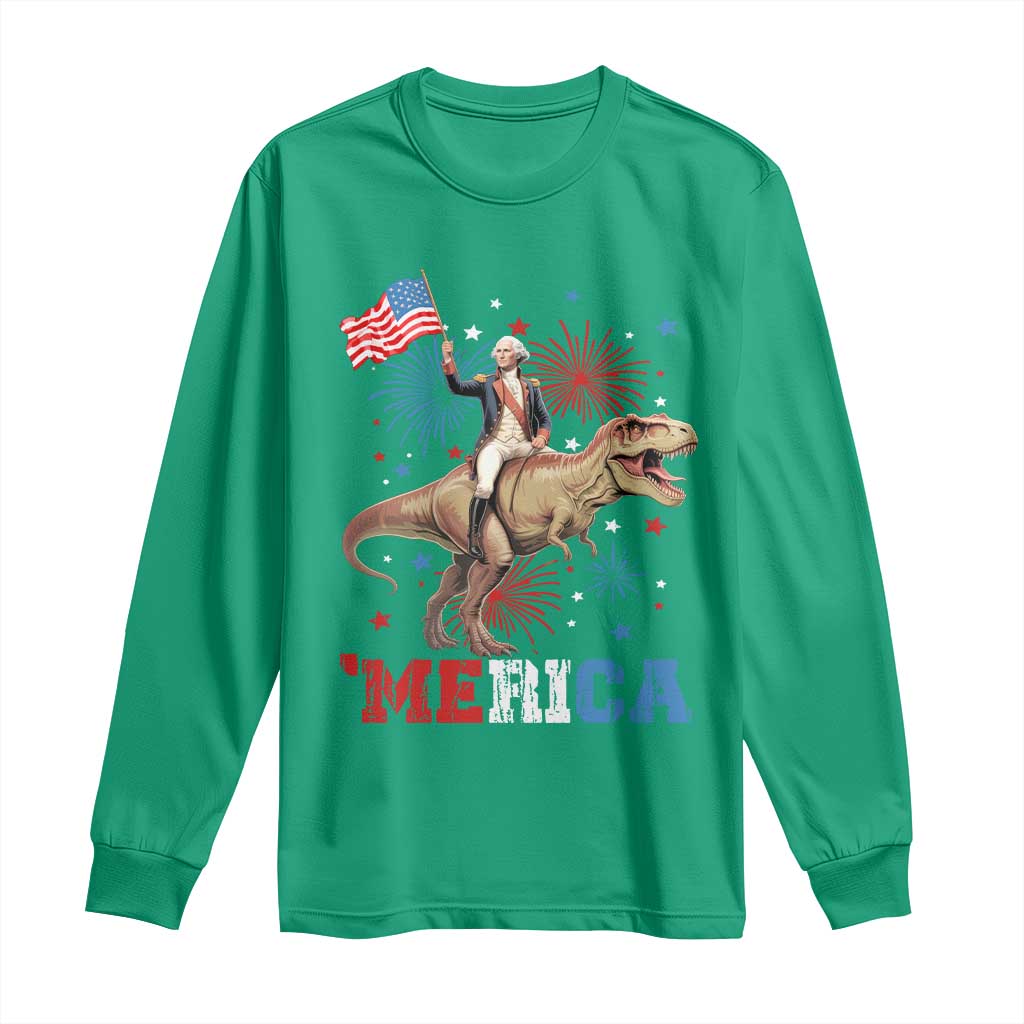 Funny George Washington Riding a Tyrannosaurus Rex 'Merica Long Sleeve Shirt American Flag - Wonder Print Shop