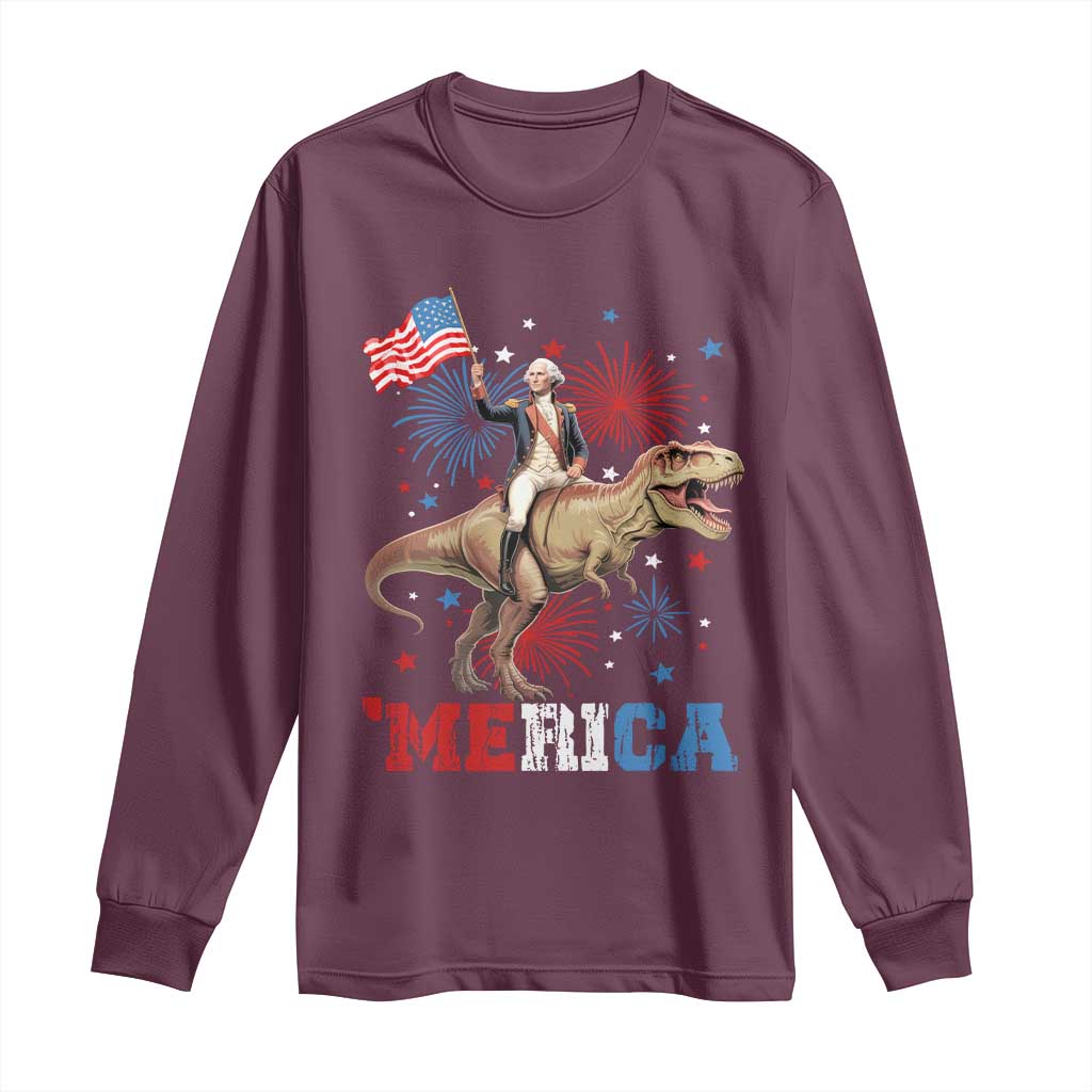 Funny George Washington Riding a Tyrannosaurus Rex 'Merica Long Sleeve Shirt American Flag - Wonder Print Shop