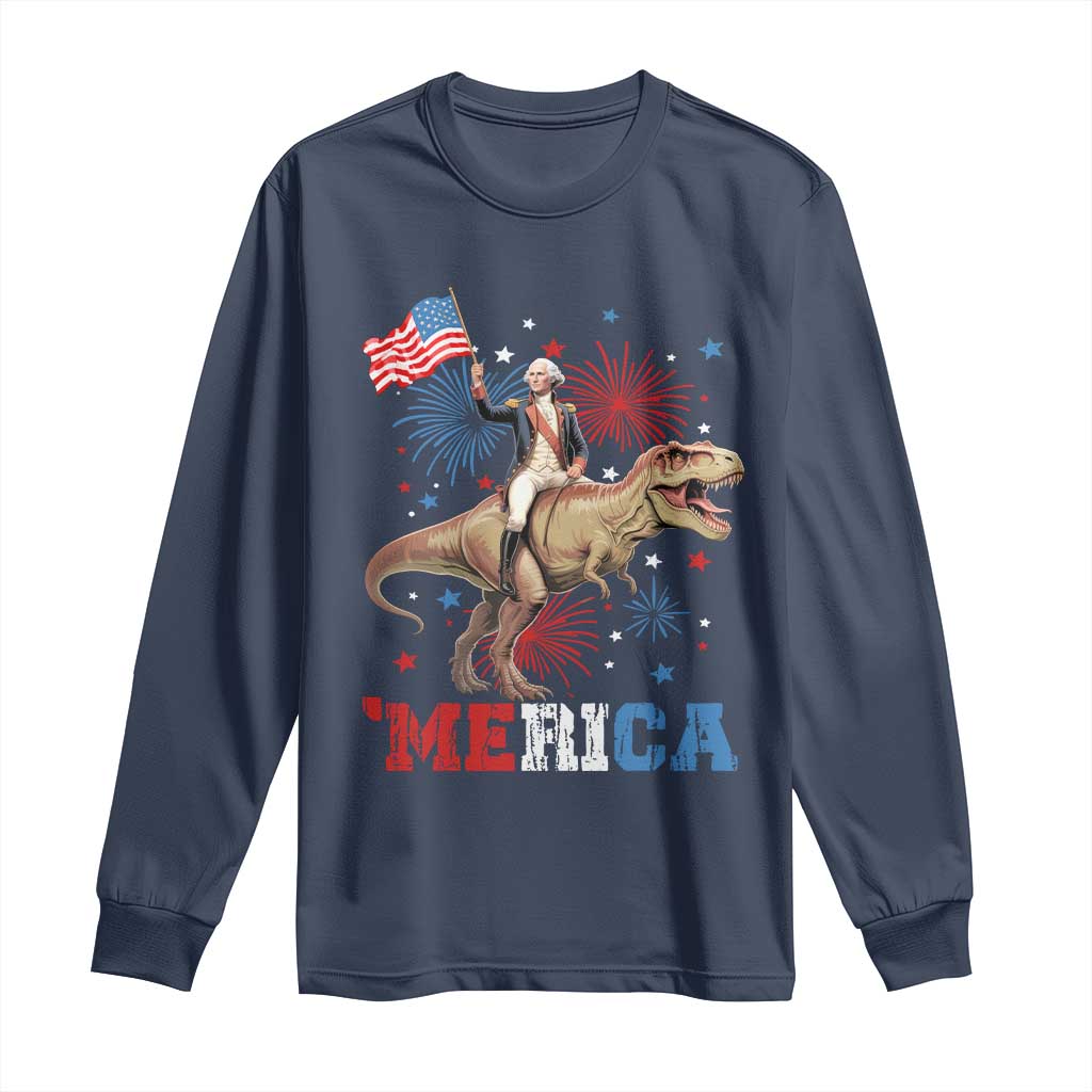 Funny George Washington Riding a Tyrannosaurus Rex 'Merica Long Sleeve Shirt American Flag - Wonder Print Shop
