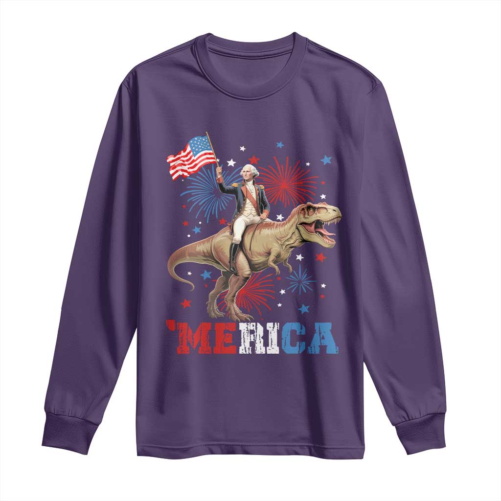 Funny George Washington Riding a Tyrannosaurus Rex 'Merica Long Sleeve Shirt American Flag - Wonder Print Shop