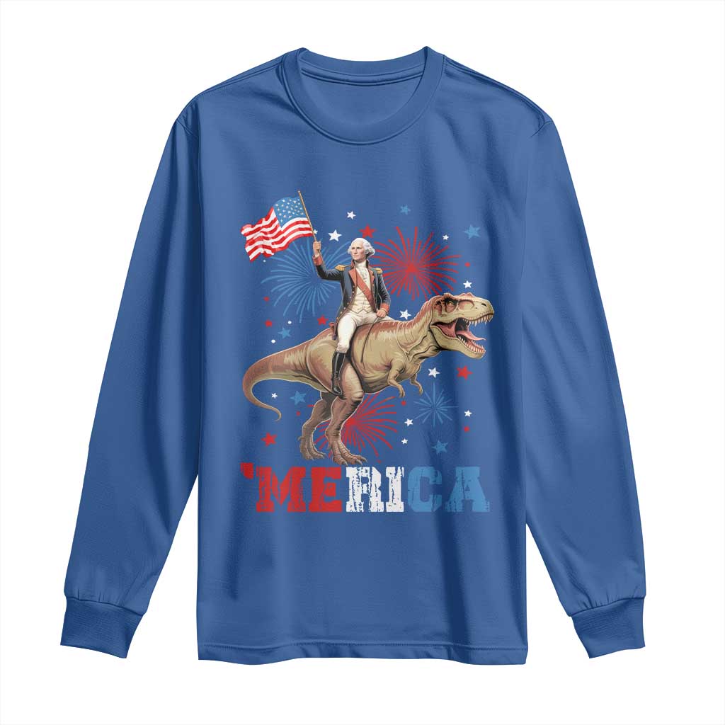 Funny George Washington Riding a Tyrannosaurus Rex 'Merica Long Sleeve Shirt American Flag - Wonder Print Shop