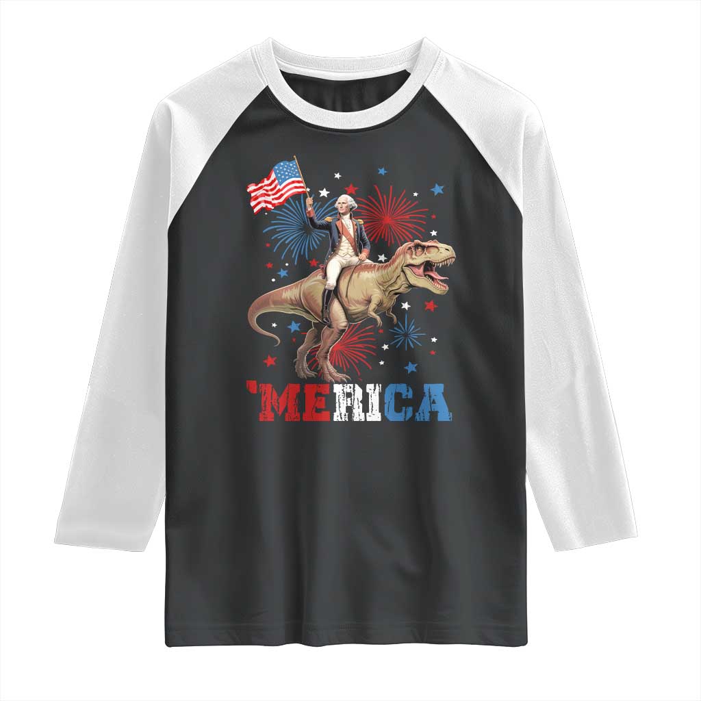 Funny George Washington Riding a Tyrannosaurus Rex 'Merica Raglan Shirt American Flag - Wonder Print Shop