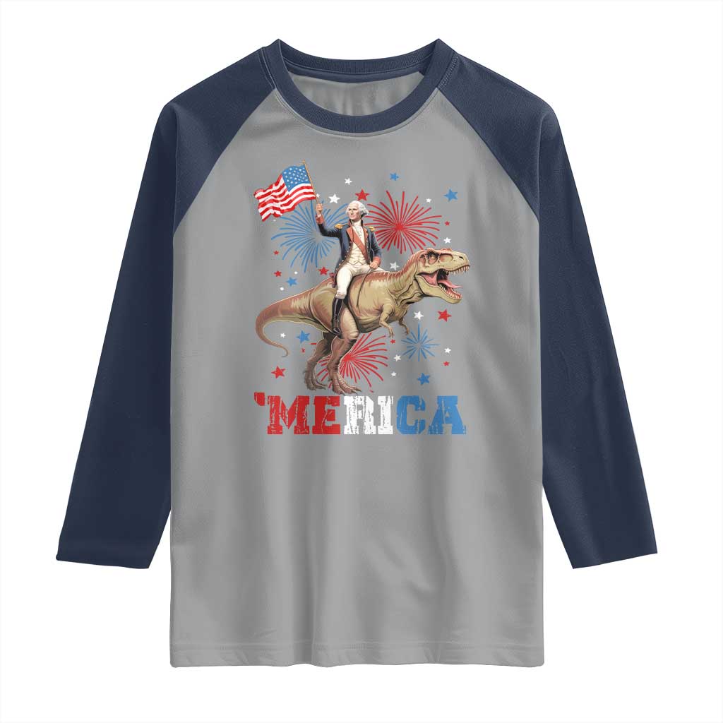 Funny George Washington Riding a Tyrannosaurus Rex 'Merica Raglan Shirt American Flag - Wonder Print Shop