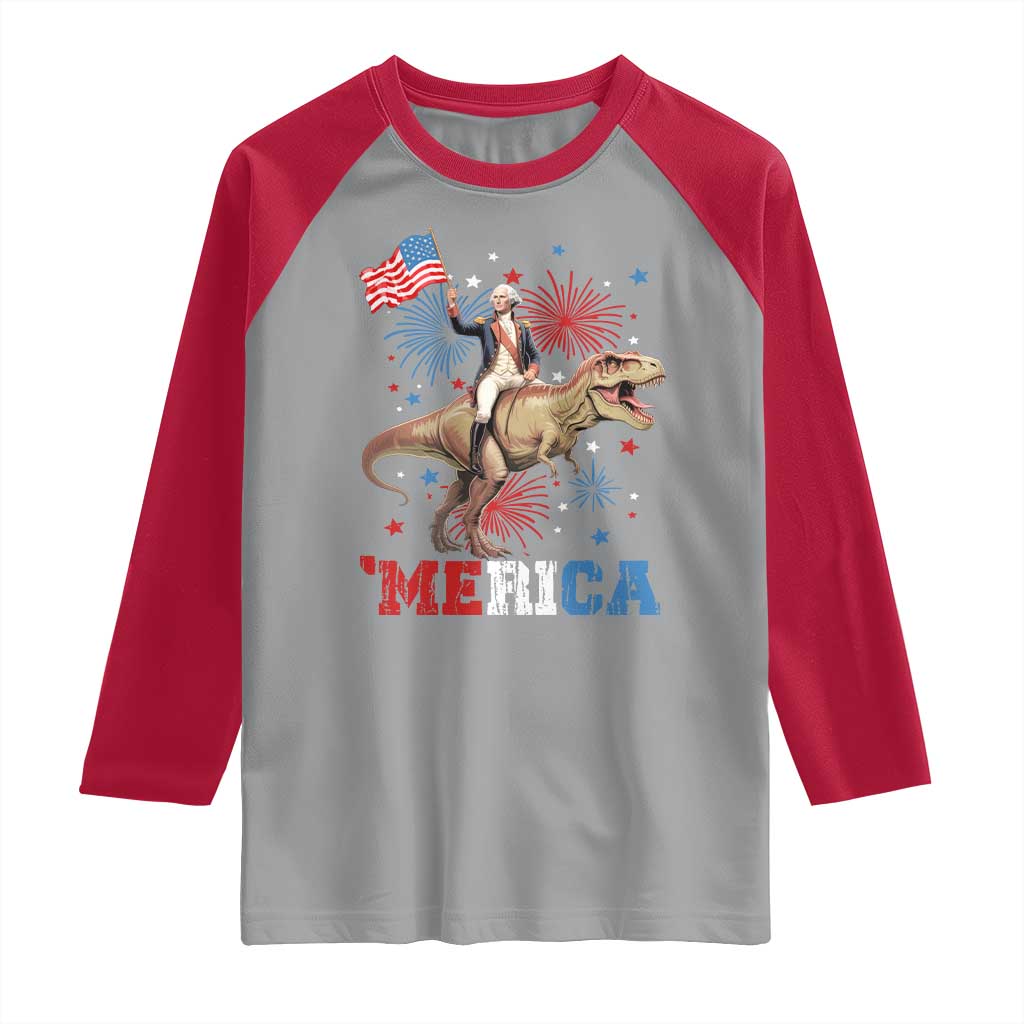Funny George Washington Riding a Tyrannosaurus Rex 'Merica Raglan Shirt American Flag - Wonder Print Shop