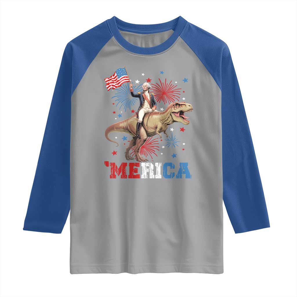Funny George Washington Riding a Tyrannosaurus Rex 'Merica Raglan Shirt American Flag - Wonder Print Shop