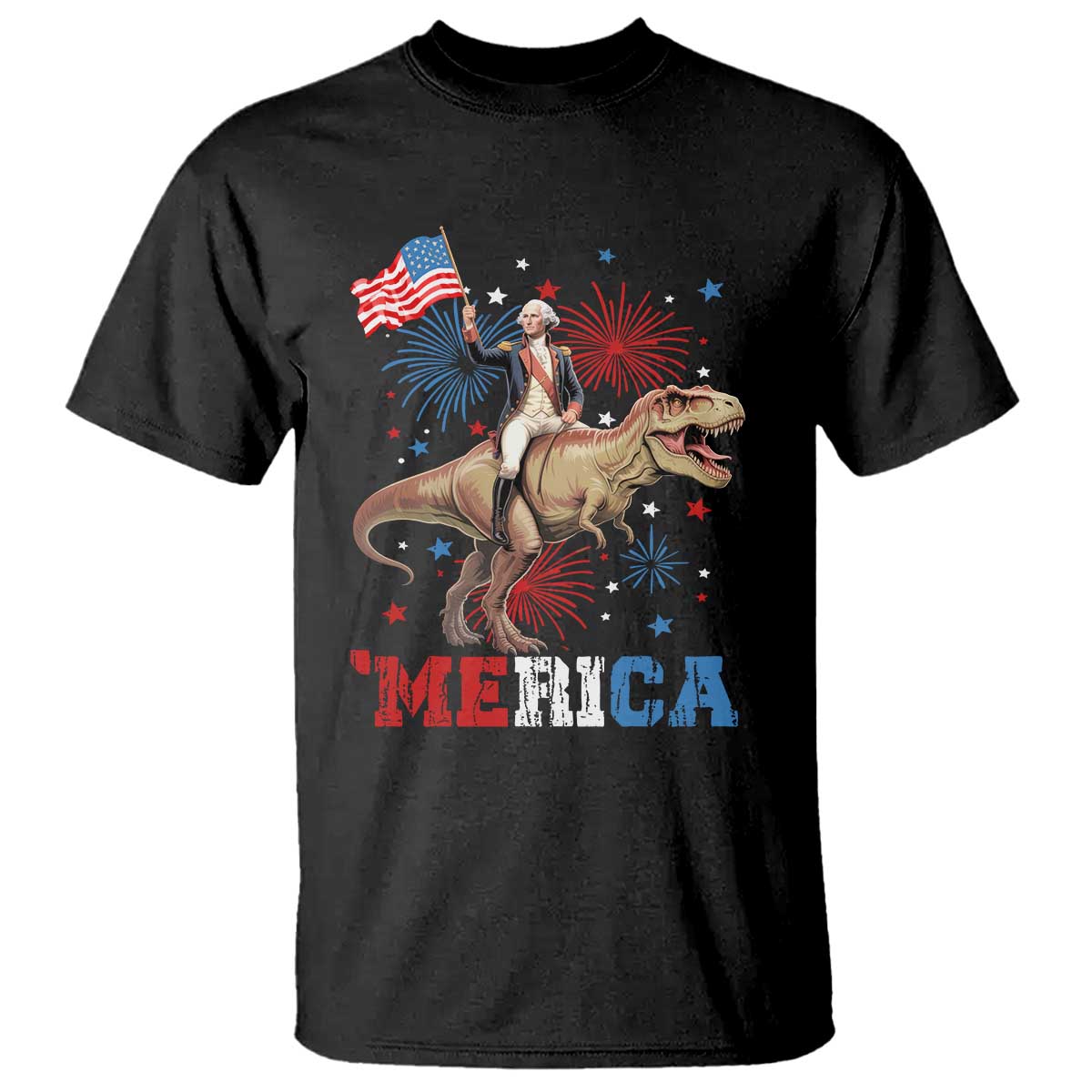 Funny George Washington Riding a Tyrannosaurus Rex 'Merica T Shirt American Flag - Wonder Print Shop