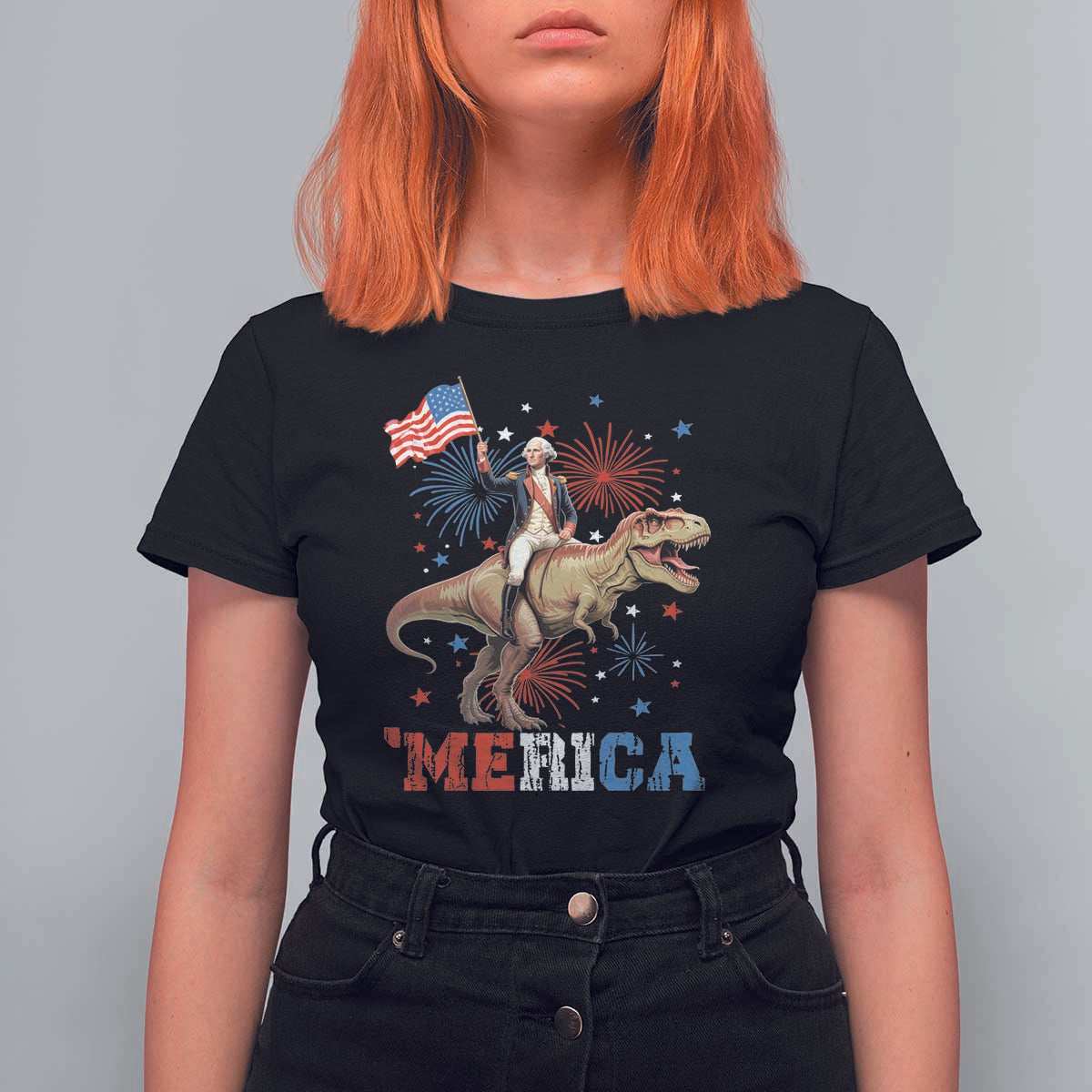 Funny George Washington Riding a Tyrannosaurus Rex 'Merica T Shirt For Women American Flag - Wonder Print Shop