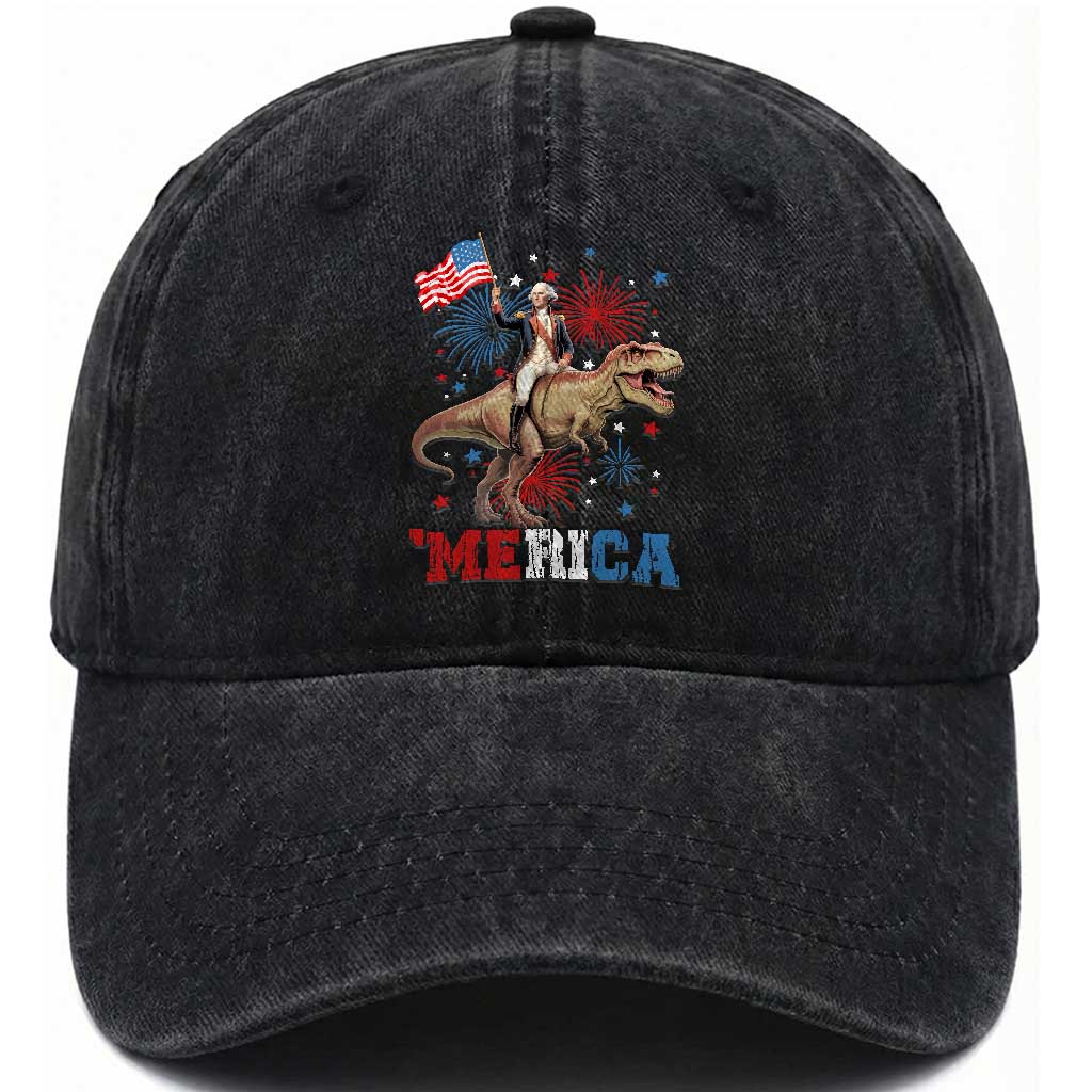 Funny George Washington Riding a Tyrannosaurus Rex 'Merica Washed Cotton Baseball Cap American Flag