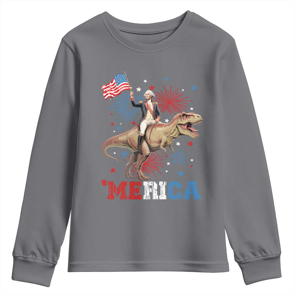 Funny George Washington Riding a Tyrannosaurus Rex 'Merica Youth Sweatshirt American Flag - Wonder Print Shop