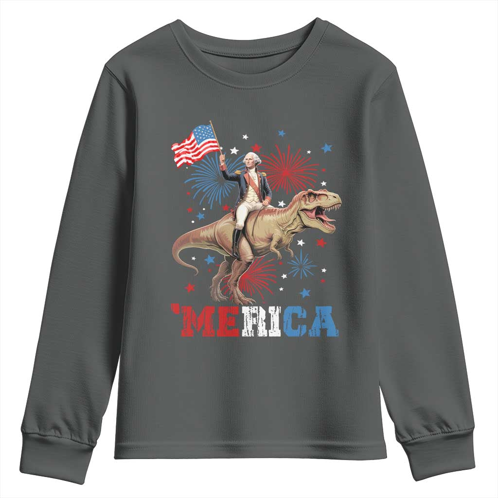 Funny George Washington Riding a Tyrannosaurus Rex 'Merica Youth Sweatshirt American Flag - Wonder Print Shop
