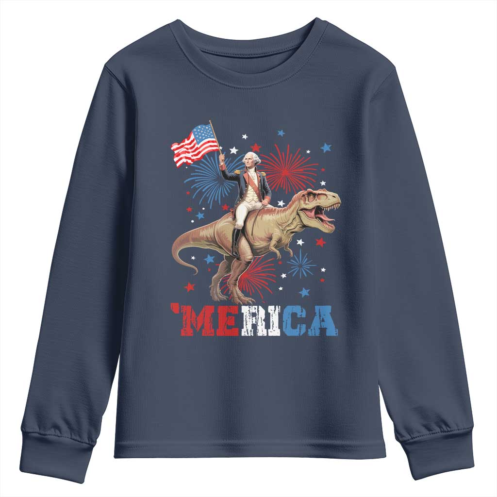 Funny George Washington Riding a Tyrannosaurus Rex 'Merica Youth Sweatshirt American Flag - Wonder Print Shop