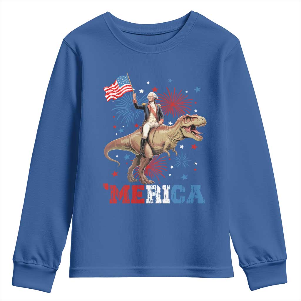 Funny George Washington Riding a Tyrannosaurus Rex 'Merica Youth Sweatshirt American Flag - Wonder Print Shop