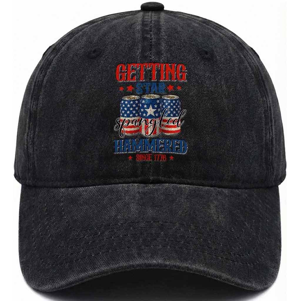 Funny Getting Star Spangled Hammered Since 1776 Washed Cotton Baseball Cap 4th of July Beers American Flag