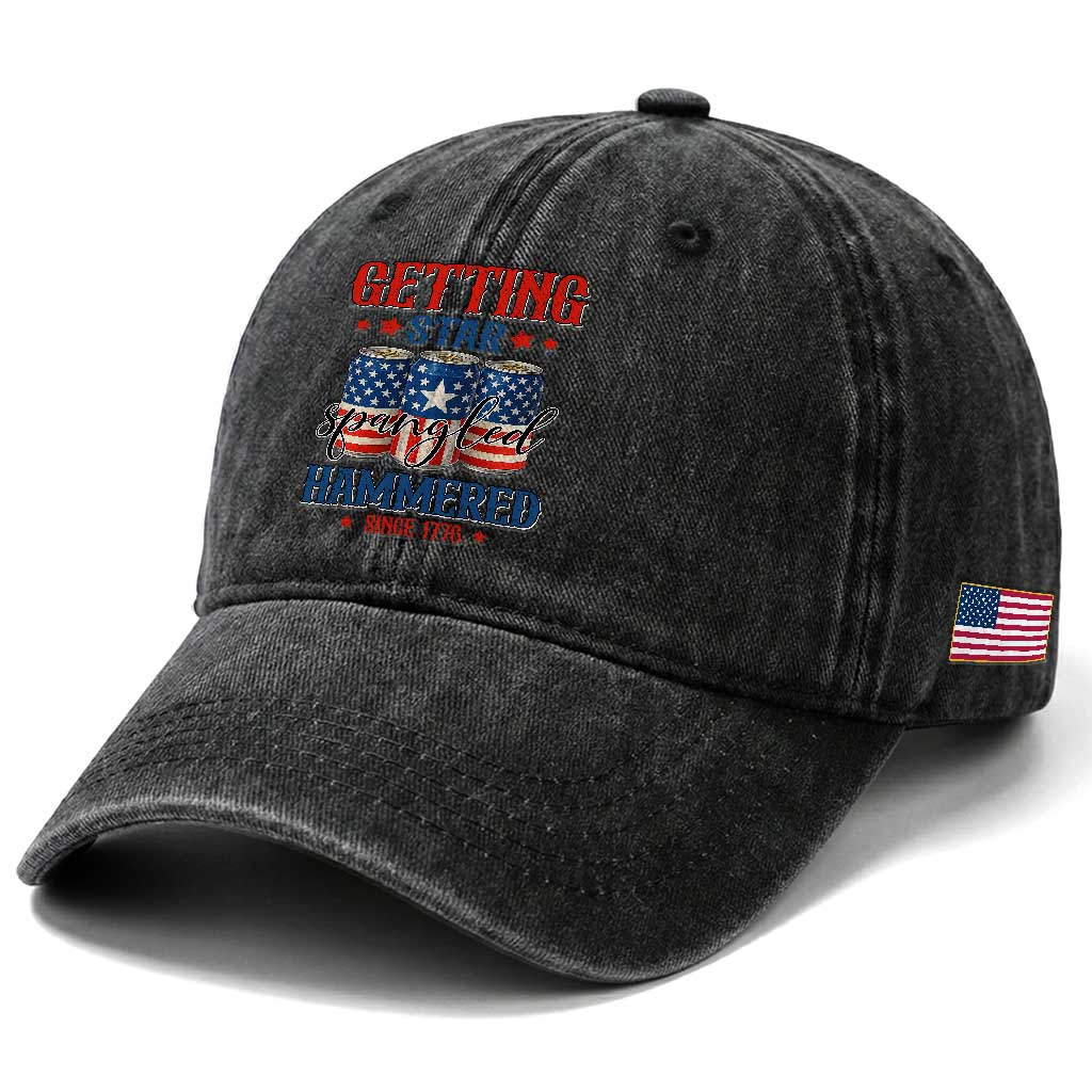 Funny Getting Star Spangled Hammered Since 1776 Washed Cotton Baseball Cap 4th of July Beers American Flag