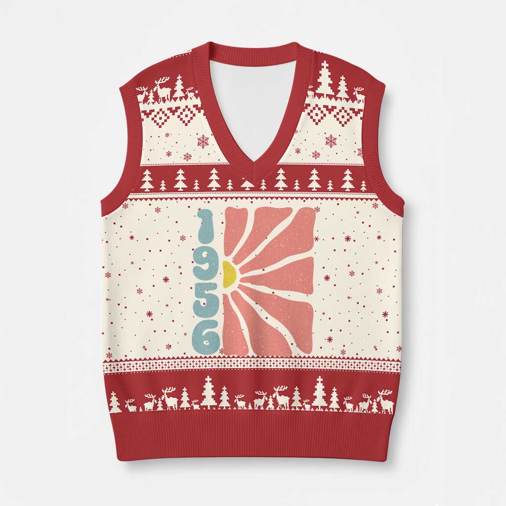 70th Birthday V-Neck Knit Sweater Vest Vintage 1956 Boho Flowers 70 Years Old Birthday