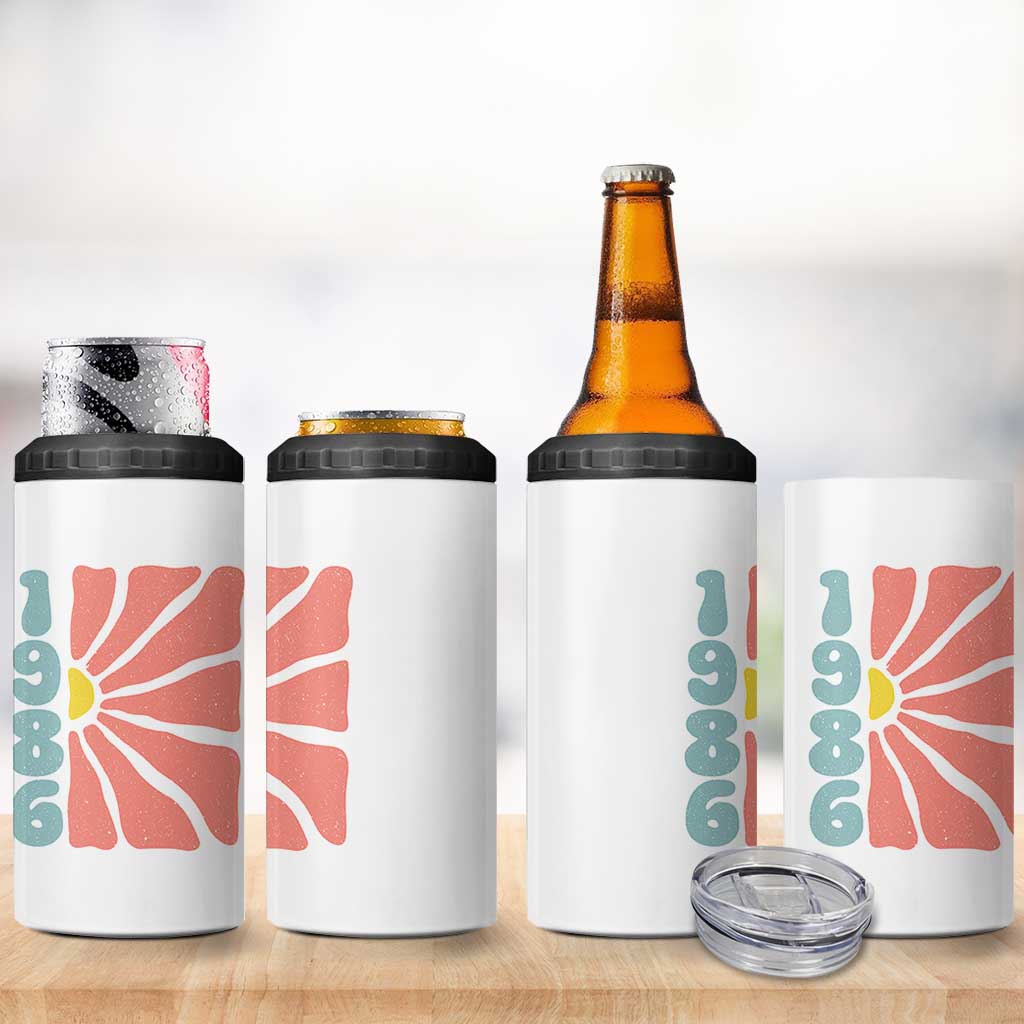 40th Birthday 4 in 1 Can Cooler Tumbler Vintage 1986 Boho Flowers 40 Years Old Birthday