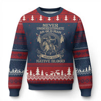 Never Underestimate An Old Man Who Has Native Blood Ugly Christmas Sweater Native American Warrior - Wonder Print Shop