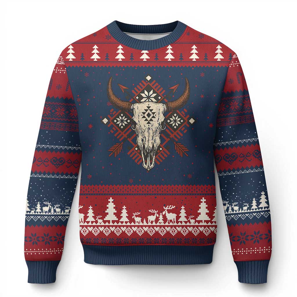 Native American Longhorn Bull Skull Tribal Arrows Ugly Christmas Sweater - Wonder Print Shop