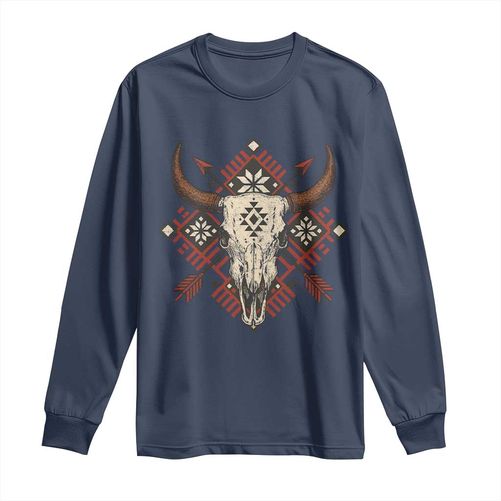 Native American Longhorn Bull Skull Tribal Arrows Long Sleeve Shirt - Wonder Print Shop