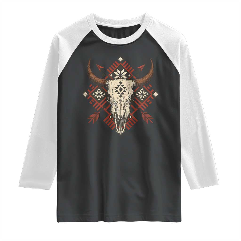 Native American Longhorn Bull Skull Tribal Arrows Raglan Shirt - Wonder Print Shop