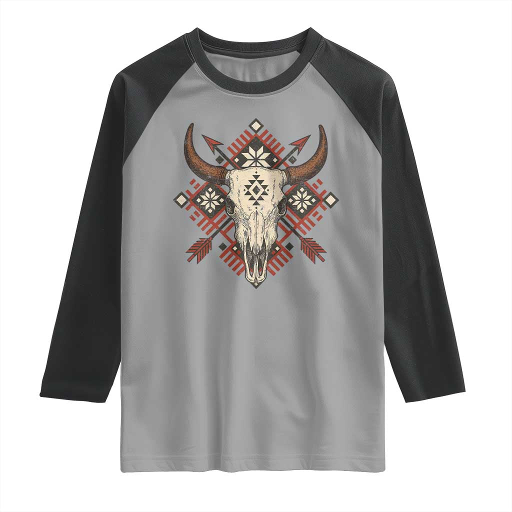 Native American Longhorn Bull Skull Tribal Arrows Raglan Shirt - Wonder Print Shop