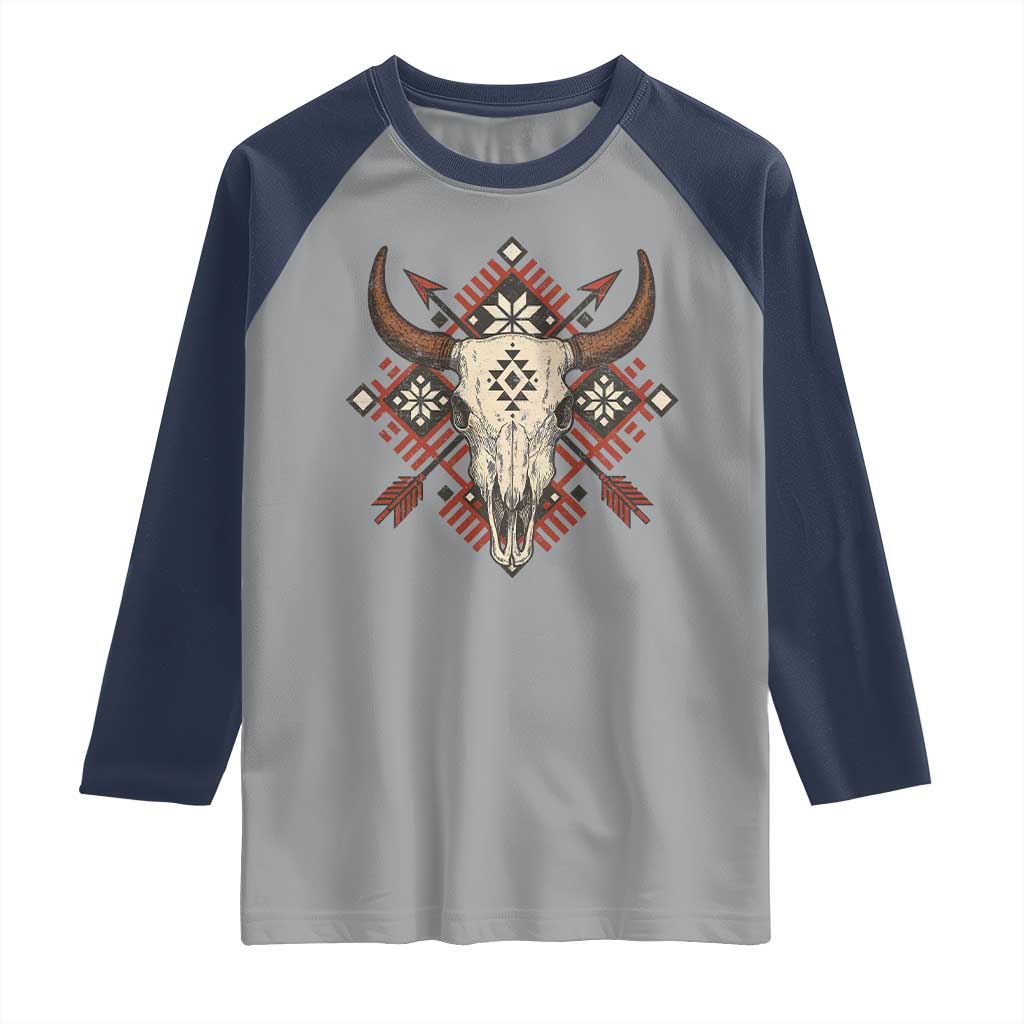 Native American Longhorn Bull Skull Tribal Arrows Raglan Shirt - Wonder Print Shop