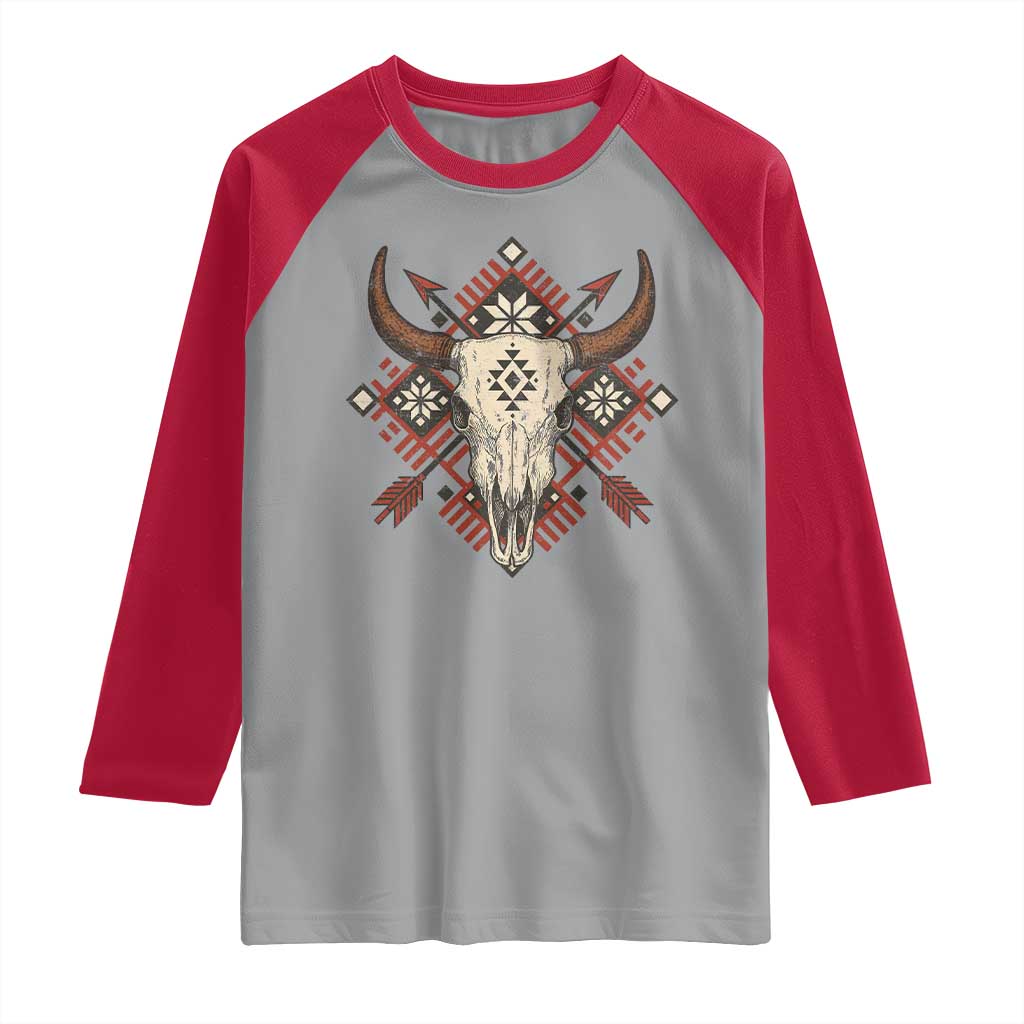 Native American Longhorn Bull Skull Tribal Arrows Raglan Shirt - Wonder Print Shop