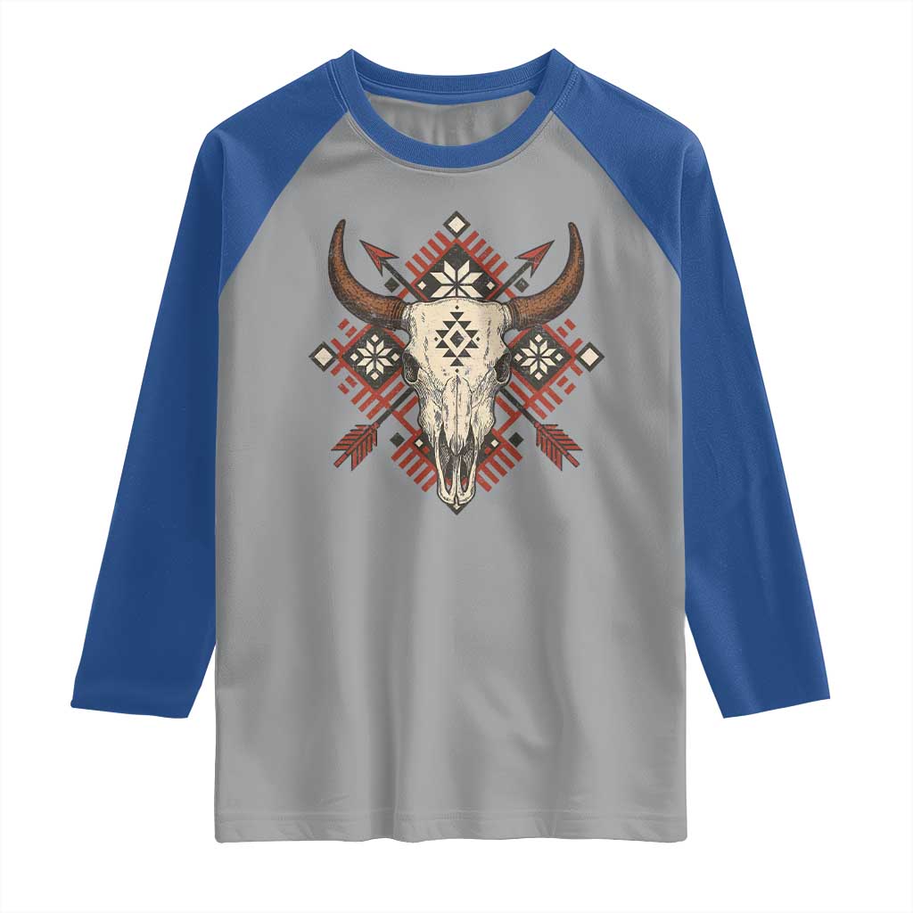 Native American Longhorn Bull Skull Tribal Arrows Raglan Shirt - Wonder Print Shop