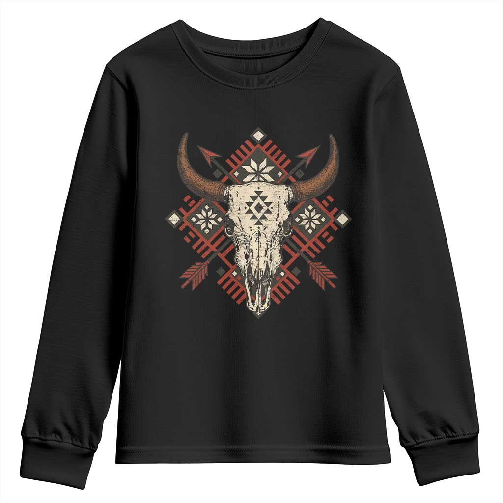 Native American Longhorn Bull Skull Tribal Arrows Youth Sweatshirt - Wonder Print Shop
