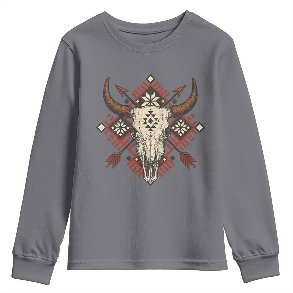 Native American Longhorn Bull Skull Tribal Arrows Youth Sweatshirt - Wonder Print Shop