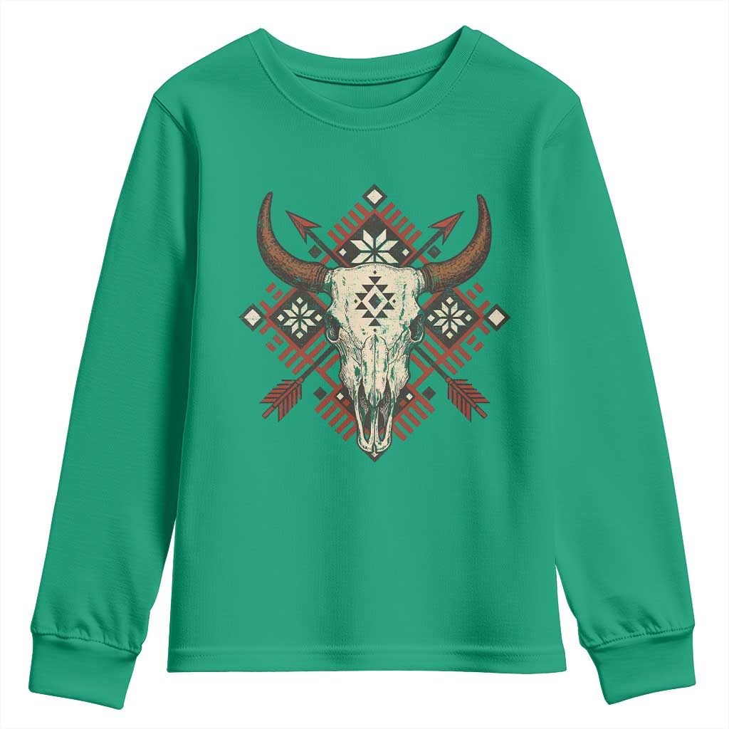 Native American Longhorn Bull Skull Tribal Arrows Youth Sweatshirt - Wonder Print Shop