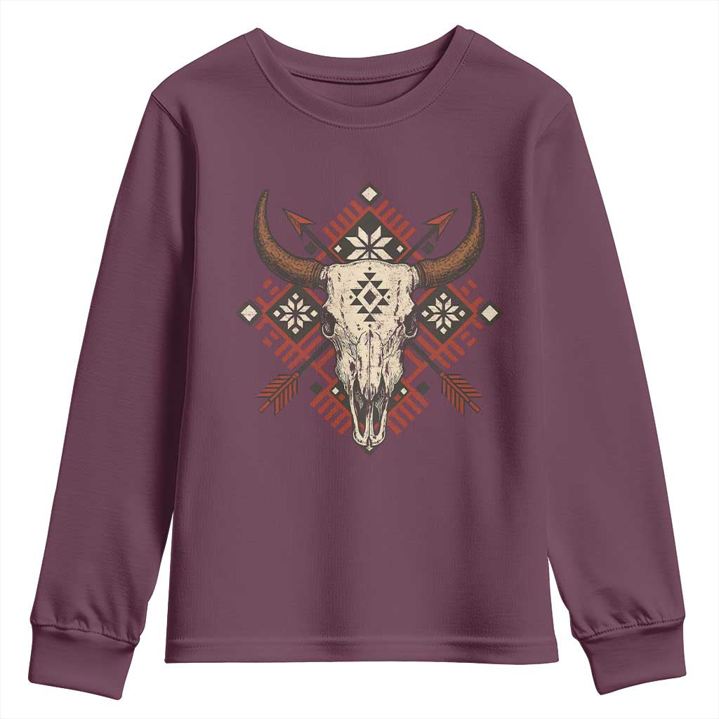 Native American Longhorn Bull Skull Tribal Arrows Youth Sweatshirt - Wonder Print Shop
