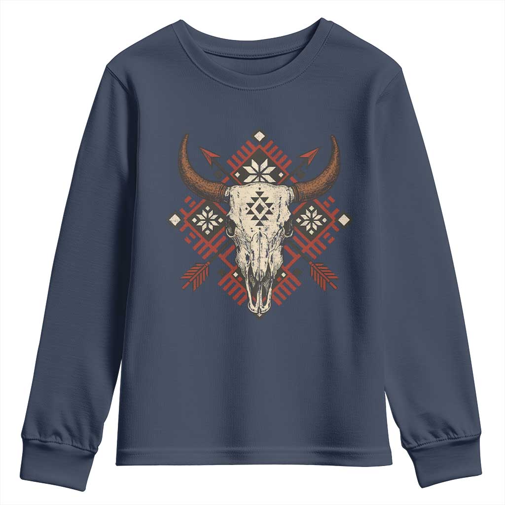 Native American Longhorn Bull Skull Tribal Arrows Youth Sweatshirt - Wonder Print Shop