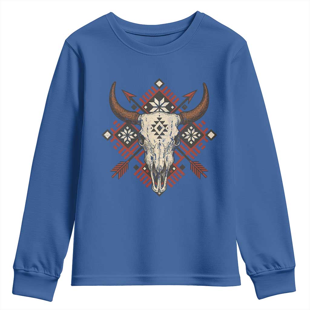 Native American Longhorn Bull Skull Tribal Arrows Youth Sweatshirt - Wonder Print Shop
