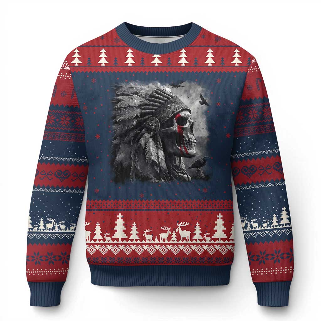 Native American Indian Chief Skull Headdress Crow Ugly Christmas Sweater - Wonder Print Shop