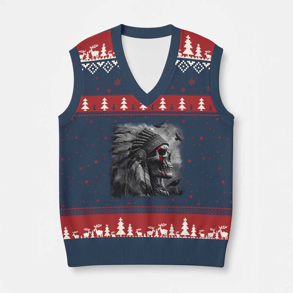 Native American Indian Chief Skull Headdress Crow V-Neck Knit Sweater Vest - Wonder Print Shop