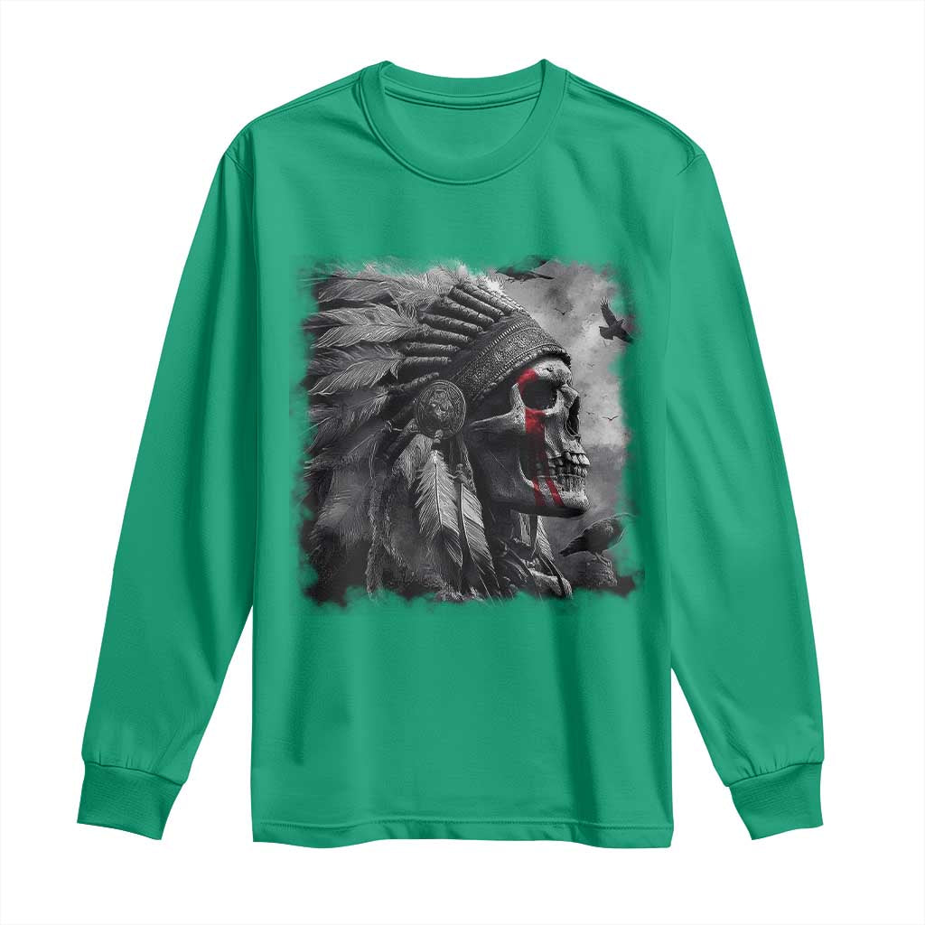 Native American Indian Chief Skull Headdress Crow Long Sleeve Shirt - Wonder Print Shop