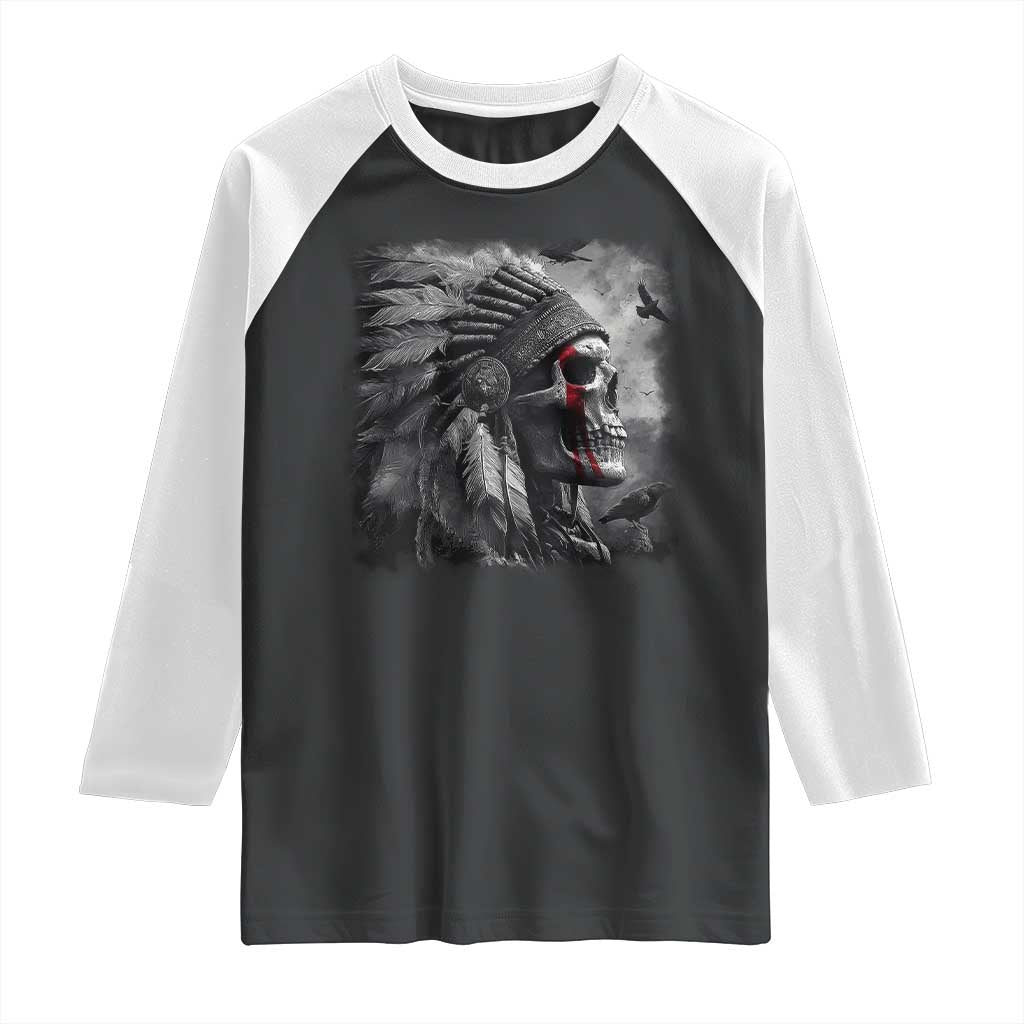Native American Indian Chief Skull Headdress Crow Raglan Shirt - Wonder Print Shop