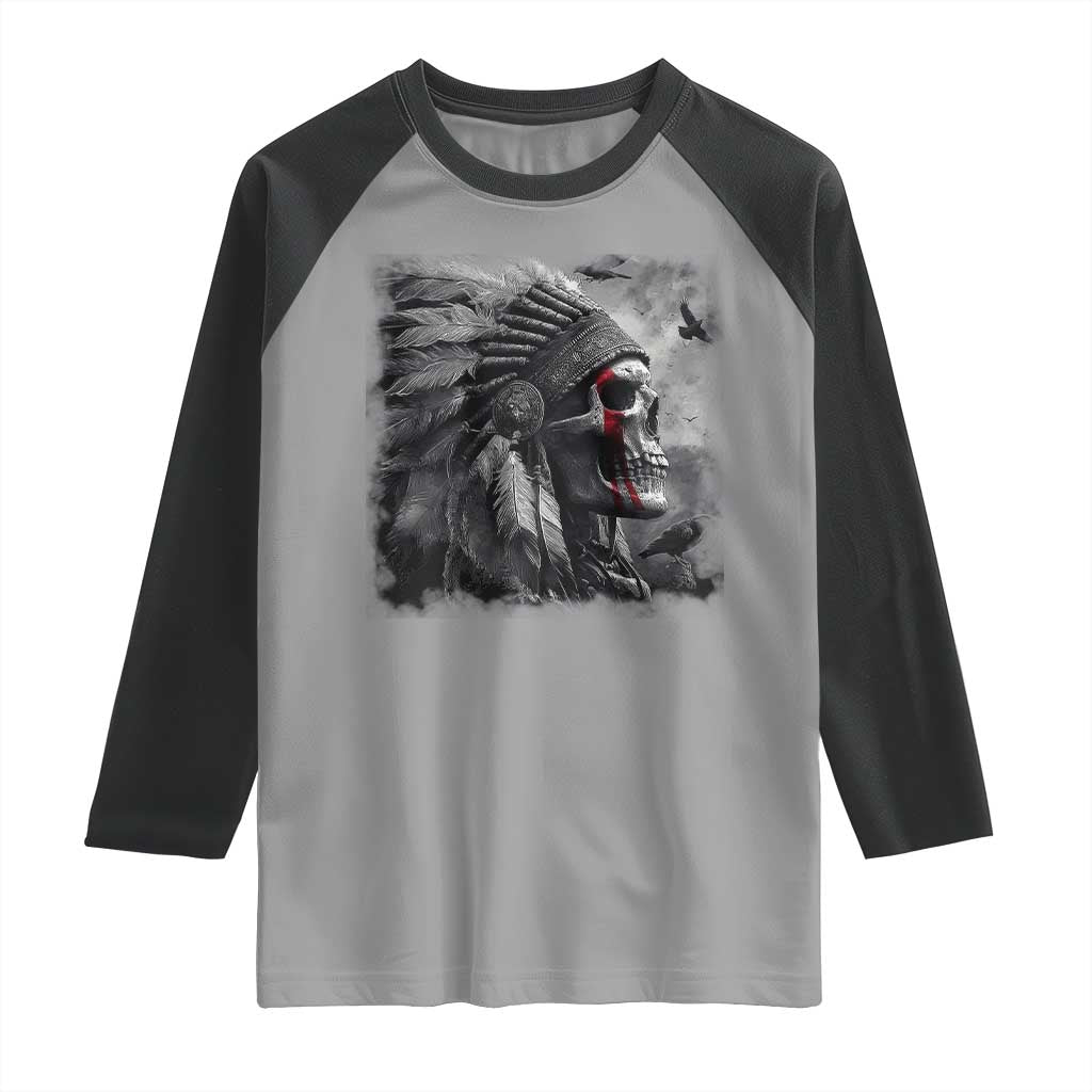Native American Indian Chief Skull Headdress Crow Raglan Shirt - Wonder Print Shop
