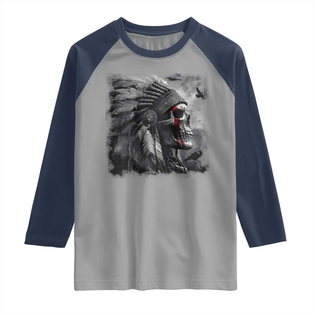 Native American Indian Chief Skull Headdress Crow Raglan Shirt - Wonder Print Shop