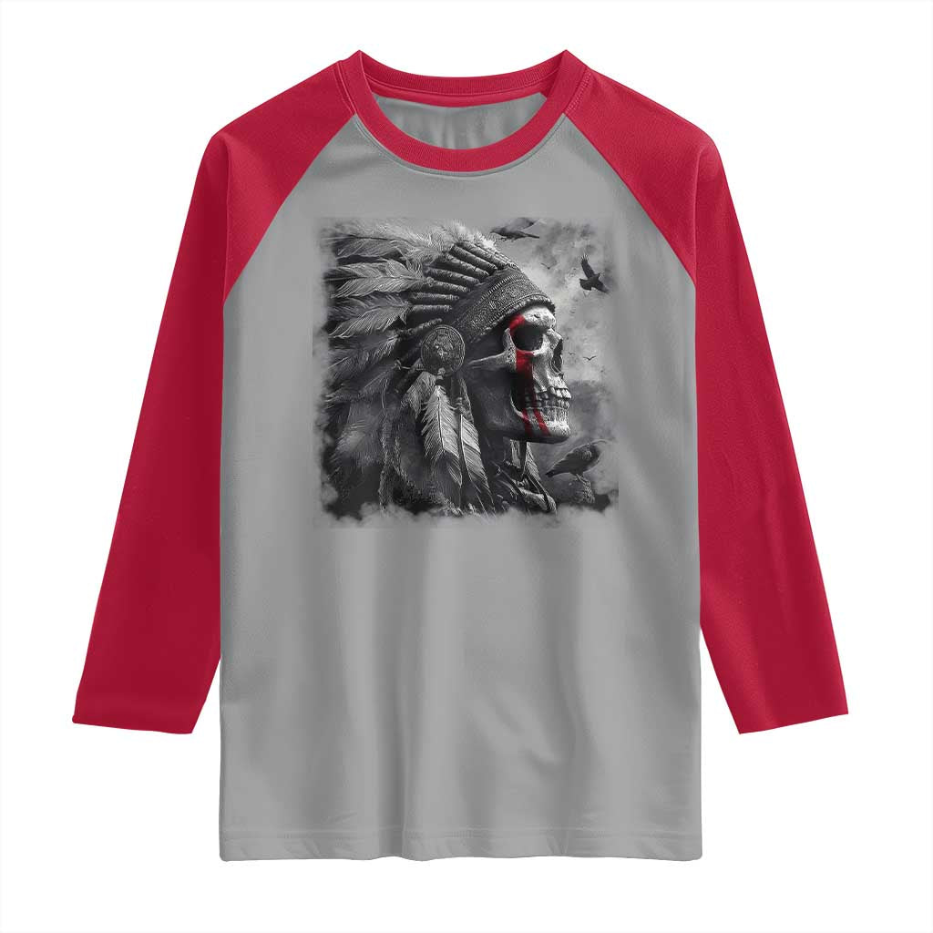 Native American Indian Chief Skull Headdress Crow Raglan Shirt - Wonder Print Shop
