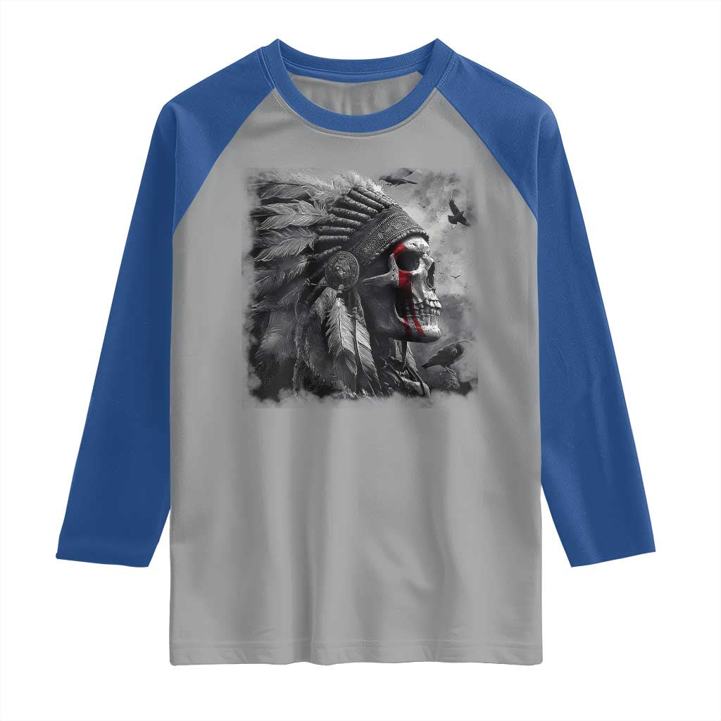 Native American Indian Chief Skull Headdress Crow Raglan Shirt - Wonder Print Shop