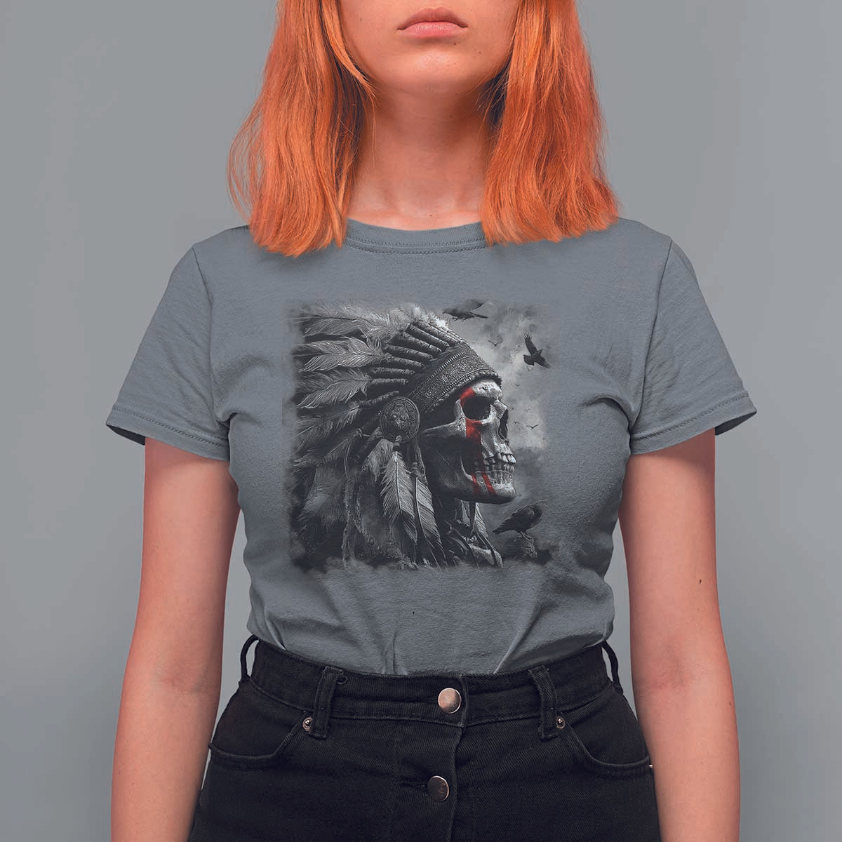 Native American Indian Chief Skull Headdress Crow T Shirt For Women - Wonder Print Shop