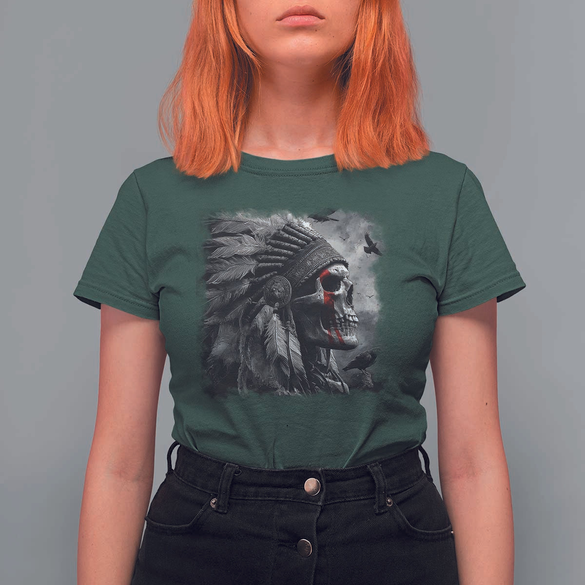 Native American Indian Chief Skull Headdress Crow T Shirt For Women - Wonder Print Shop