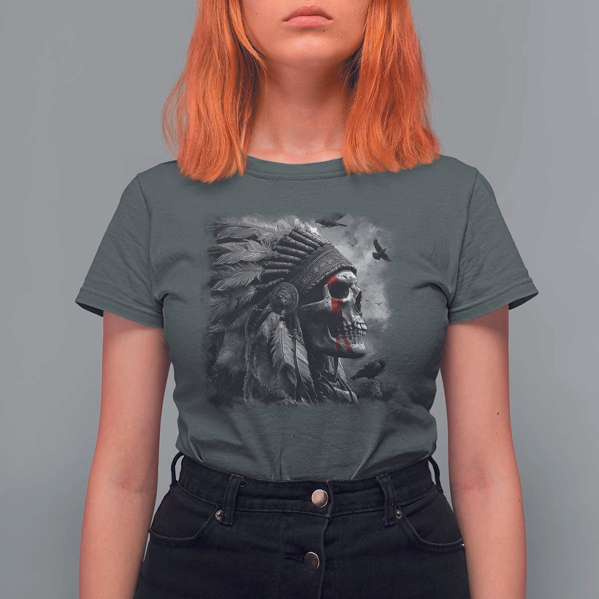 Native American Indian Chief Skull Headdress Crow T Shirt For Women - Wonder Print Shop