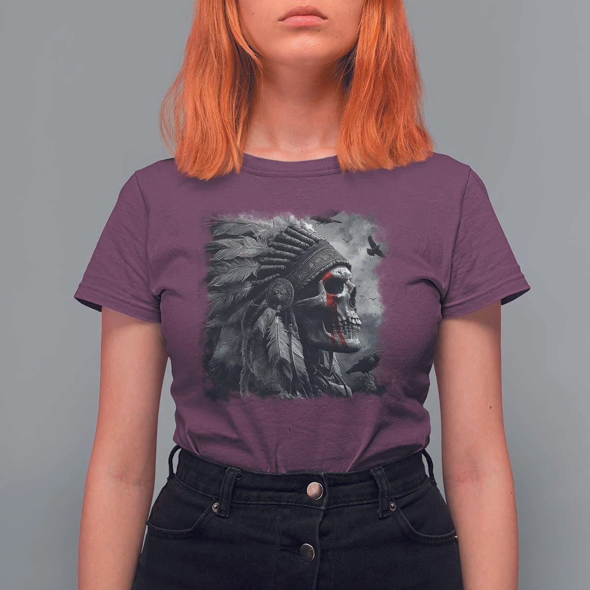 Native American Indian Chief Skull Headdress Crow T Shirt For Women - Wonder Print Shop