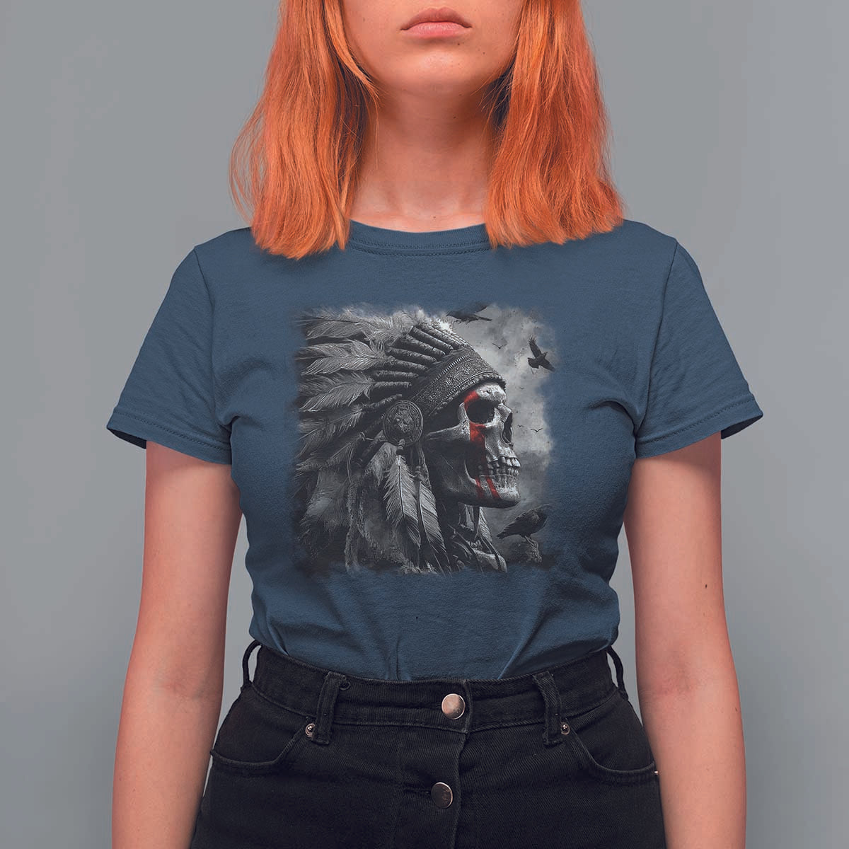 Native American Indian Chief Skull Headdress Crow T Shirt For Women - Wonder Print Shop