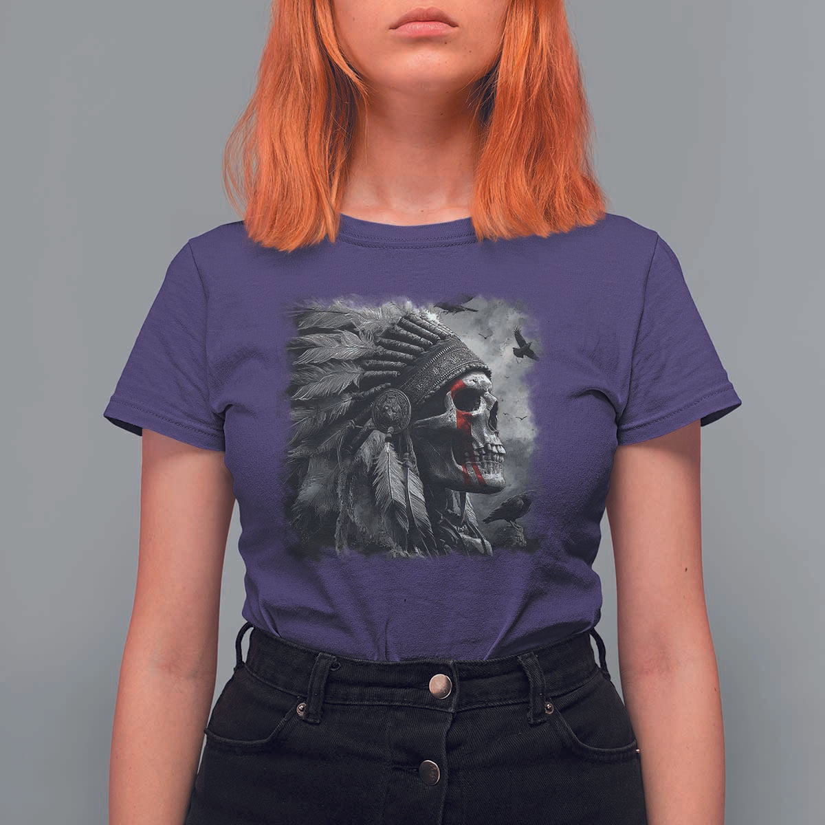 Native American Indian Chief Skull Headdress Crow T Shirt For Women - Wonder Print Shop