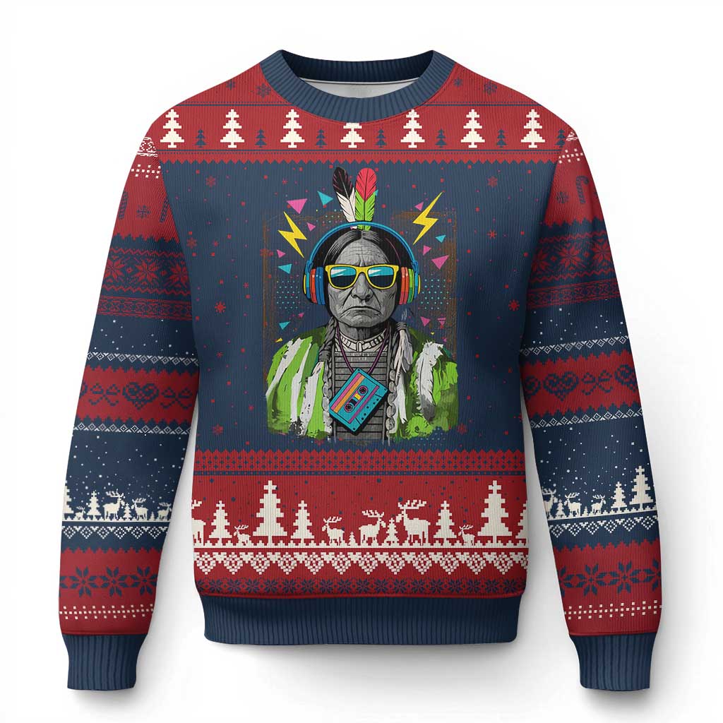 Funny Sitting Bull 90s Nostalgia Pop Art Ugly Christmas Sweater Retro Native American Chief - Wonder Print Shop